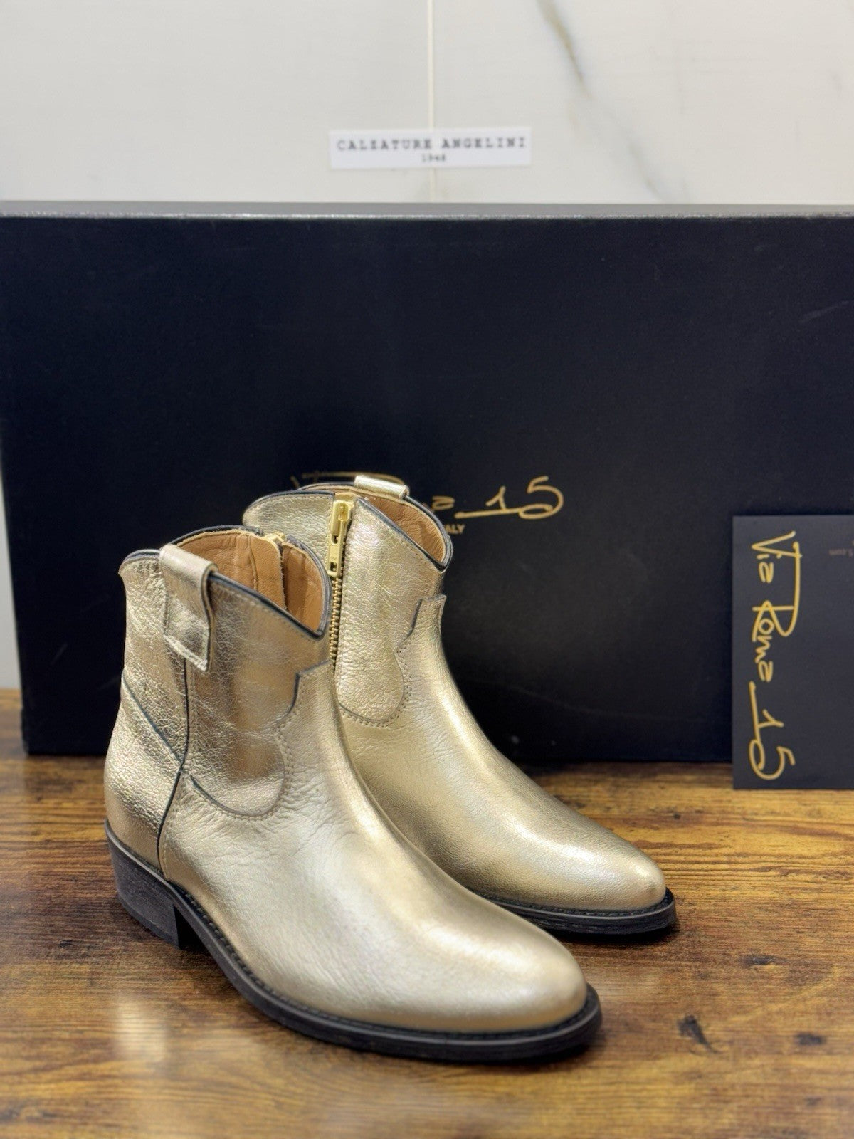 Via Roma 15 Texano Pelle Oro Casual Texan Boot Donna 38