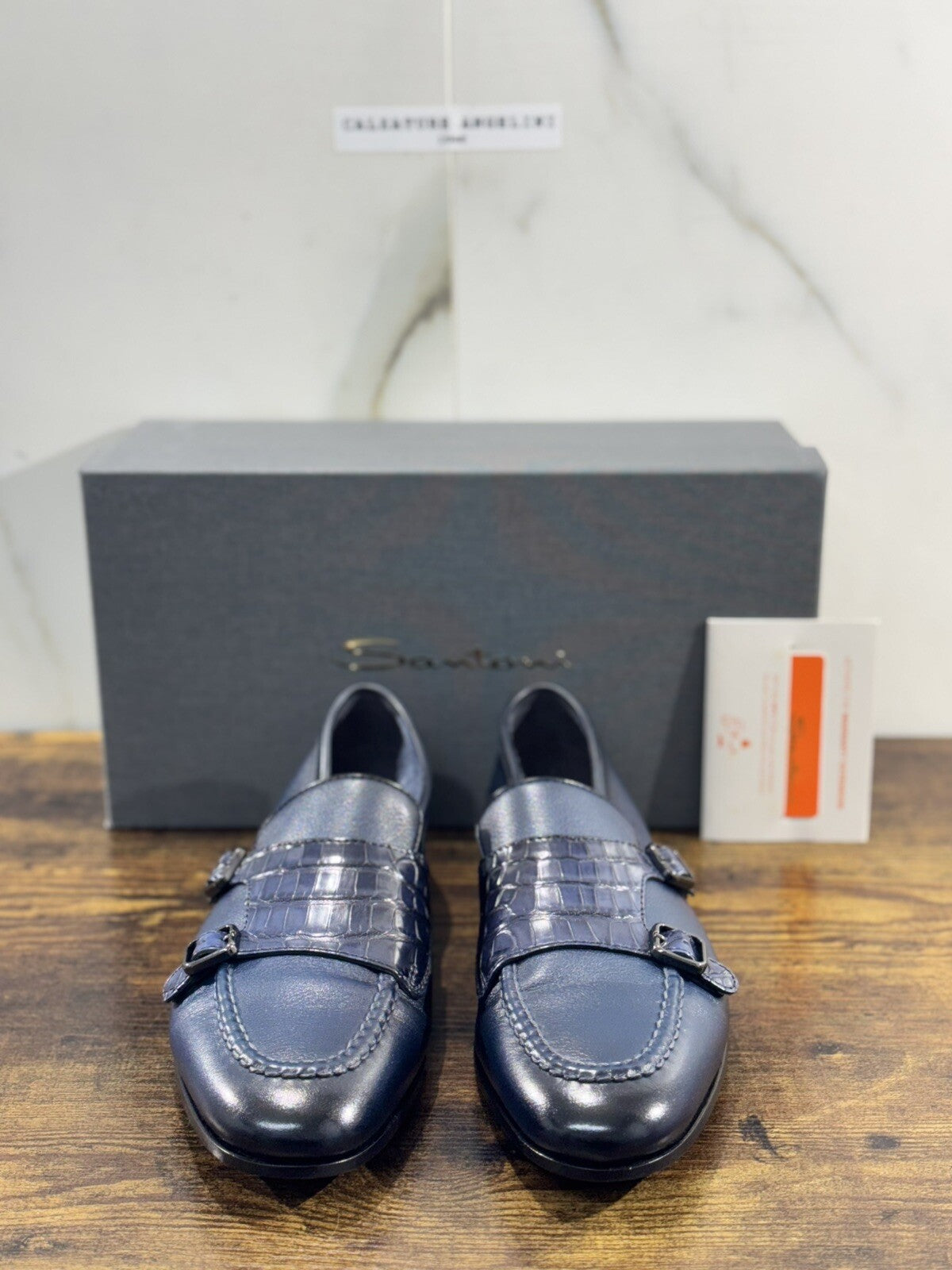 Santoni Scarpa Uomo Limited Edition Alligatore Double Buckle Goodyear Blu 43