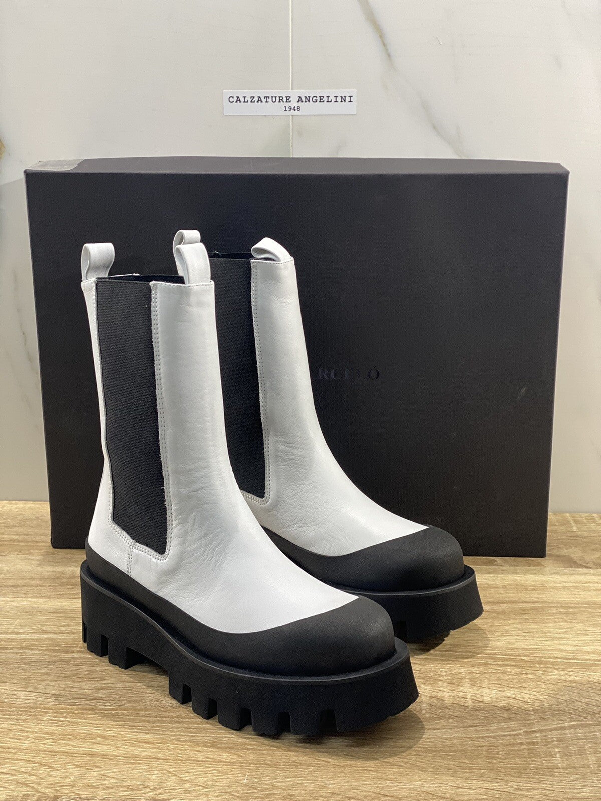 paloma BARCELO stivaletto donna charlotte pelle bianco nero combat boot 37