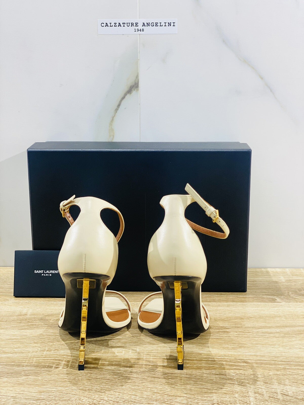 Saint Laurent Sandali Opyum In Pelle Real Beige Donna Tacco Logo Gold Luxury 40