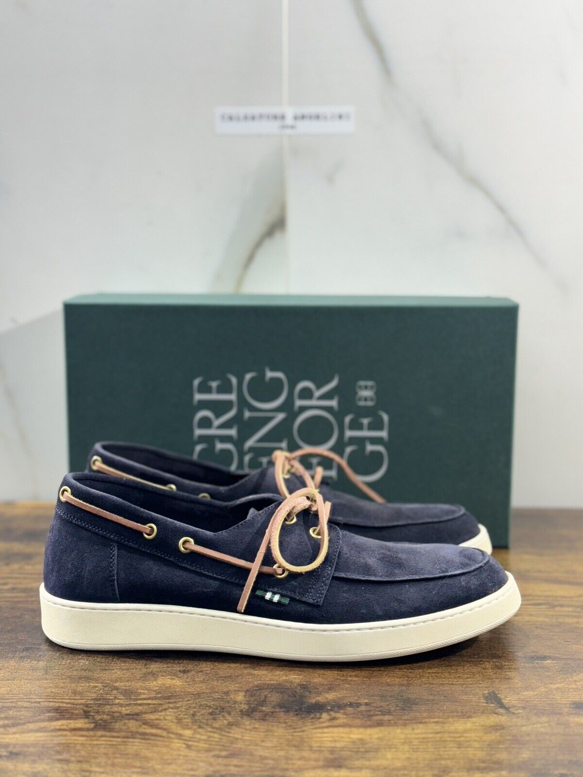Green George Scarpa Uomo Mocassino Barca Suede Blu Luxury Handmade 43