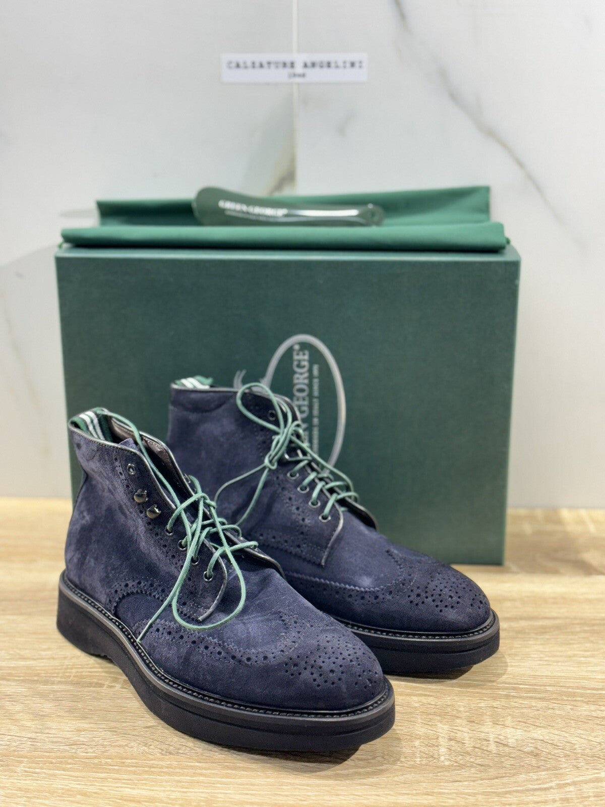 Green George Stivaletto Suede Blu Luxury Handmade Men Boot Extra Light 40
