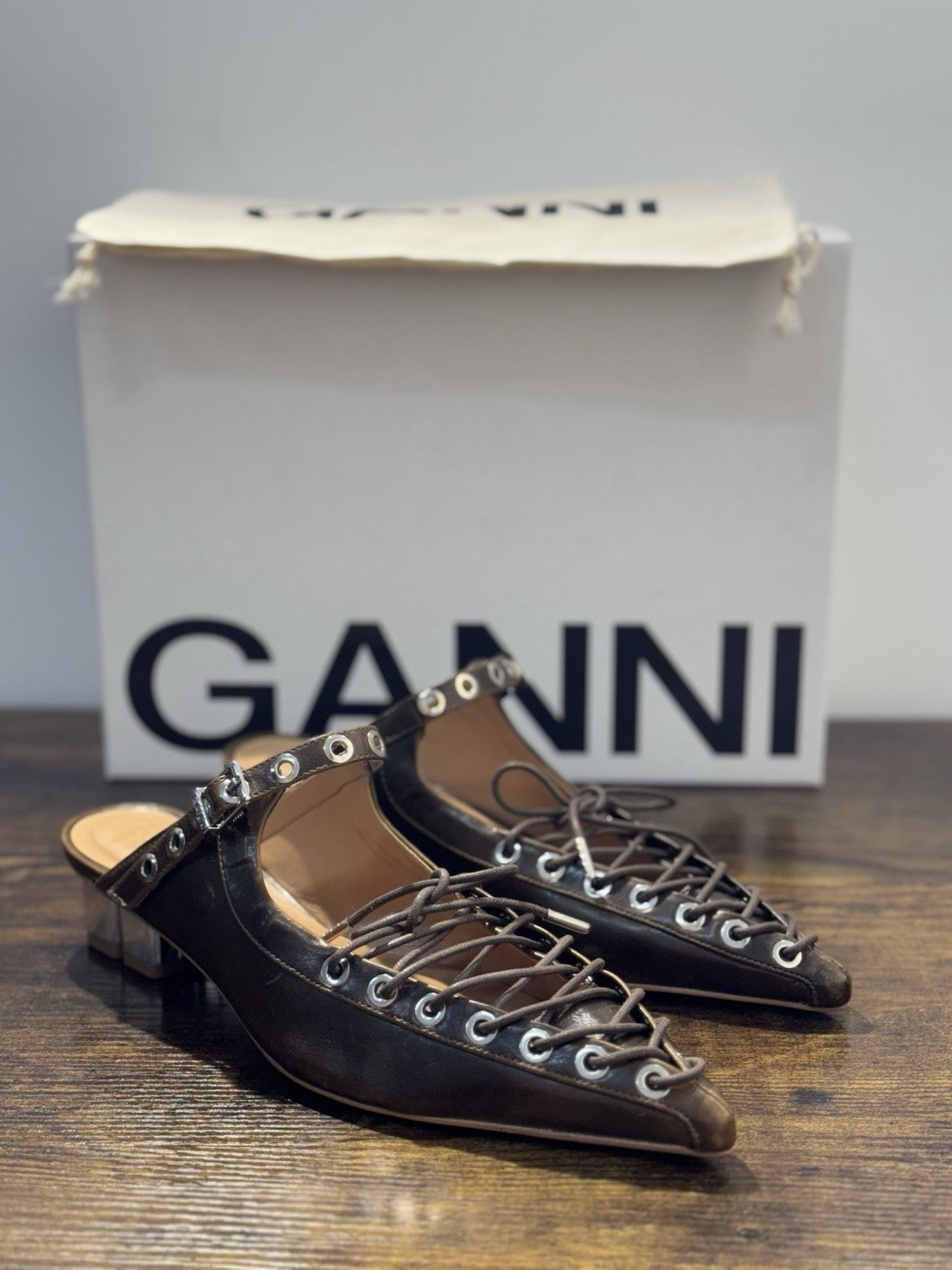 Ganni Mule Lace Up Pelle Marrone Casual Ganni Scarpa Donna 38