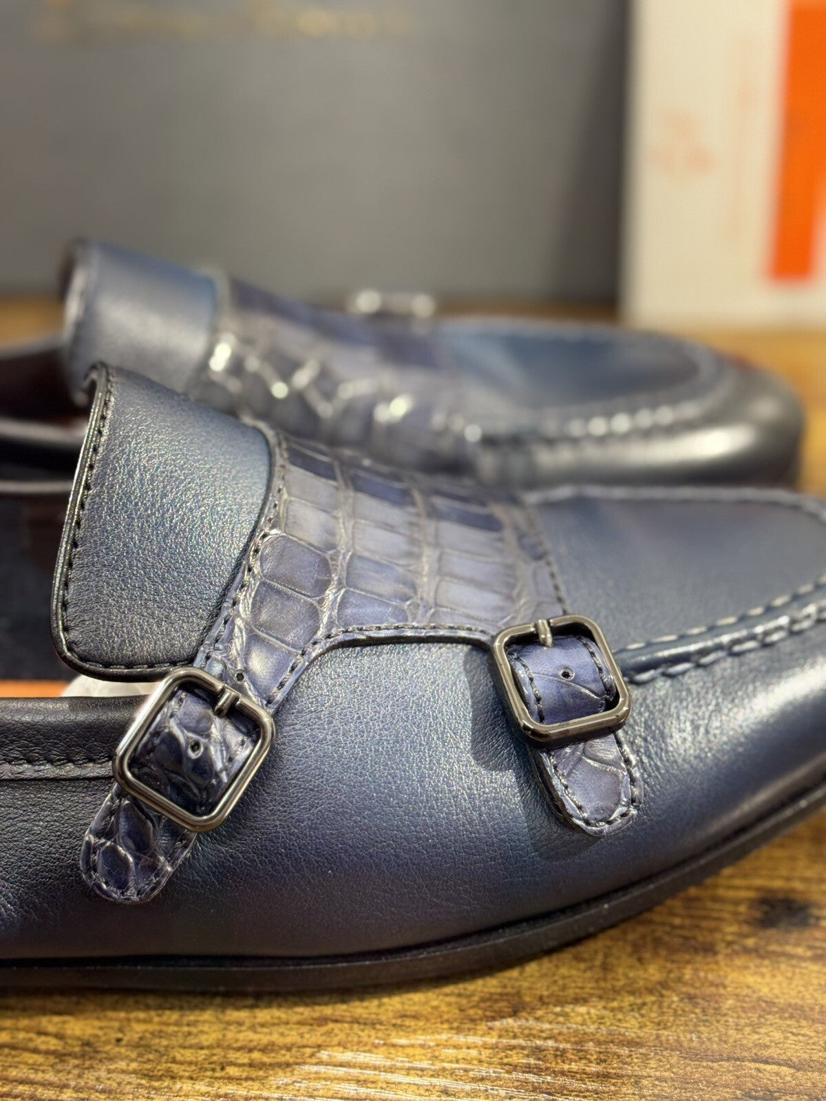 Santoni Scarpa Uomo Limited Edition Alligatore Double Buckle Goodyear Blu 43