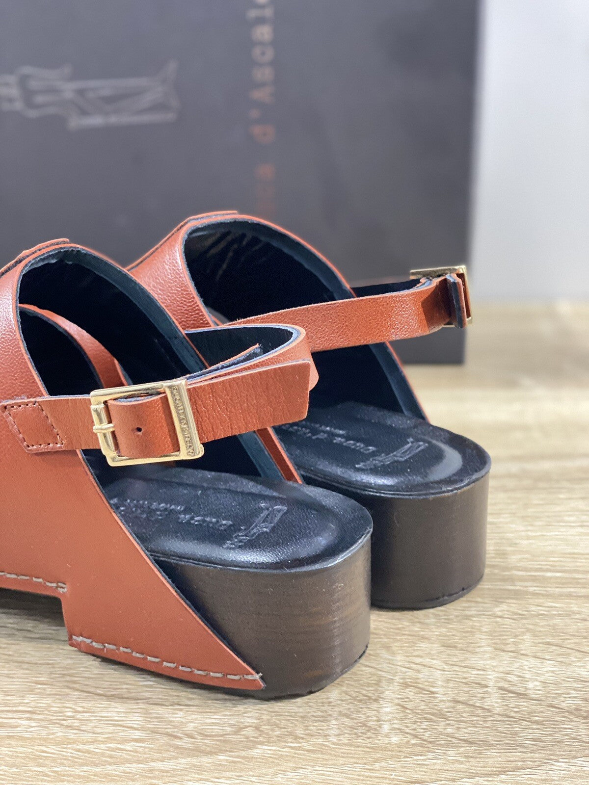 Duca D’ascalona Zoccolo Nettie Donna Fatto A Mano Vero Legno Pelle Ruggine 39