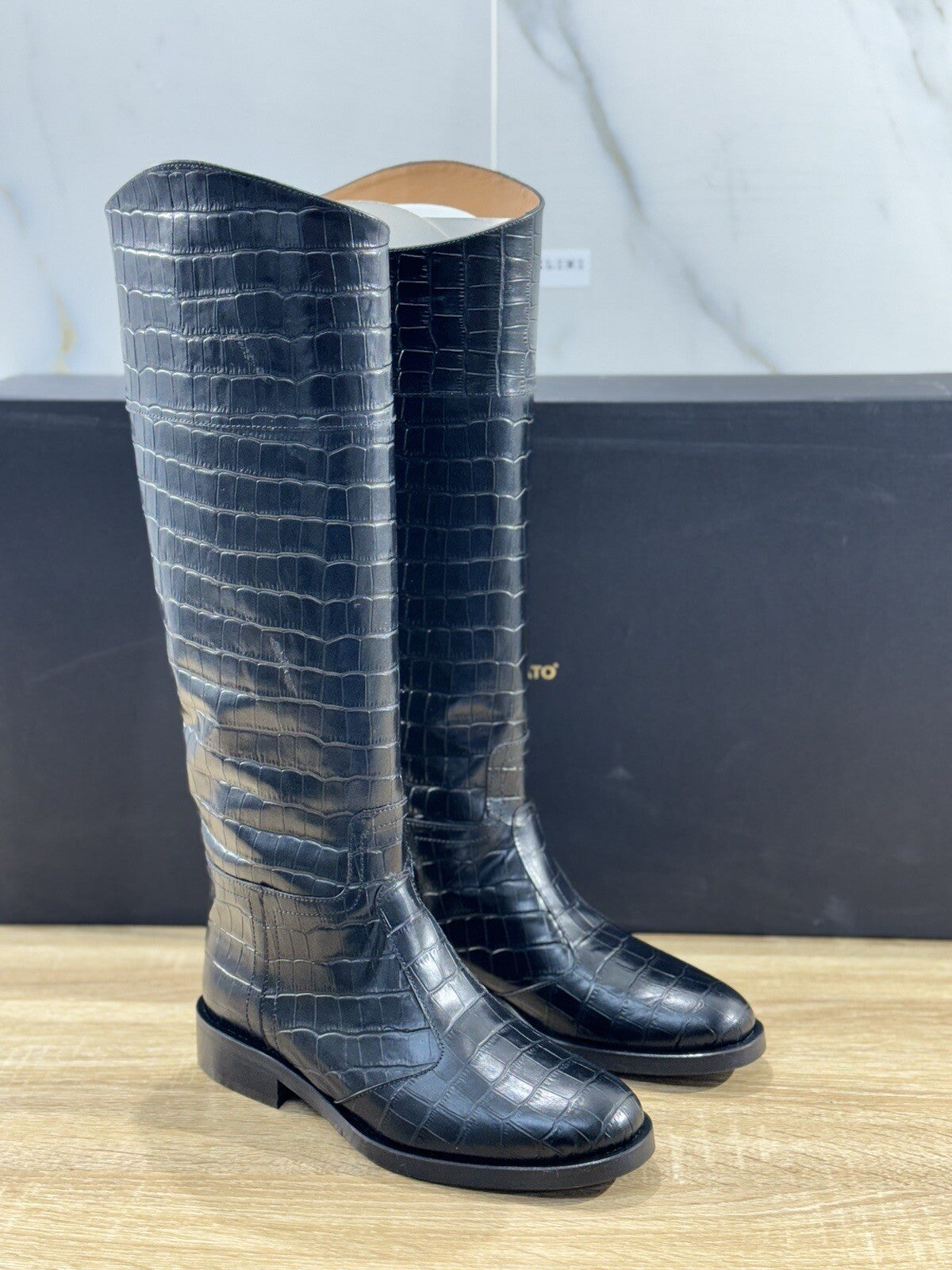 Angelo Bervicato Stivale Donna Tubo Pelle Stampa Cocco Nero Handmade 36