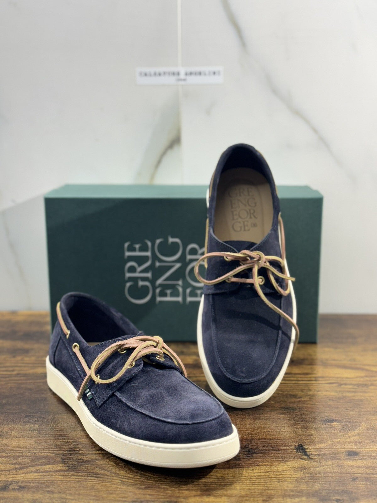 Green George Scarpa Uomo Mocassino Barca Suede Blu Luxury Handmade 42.5