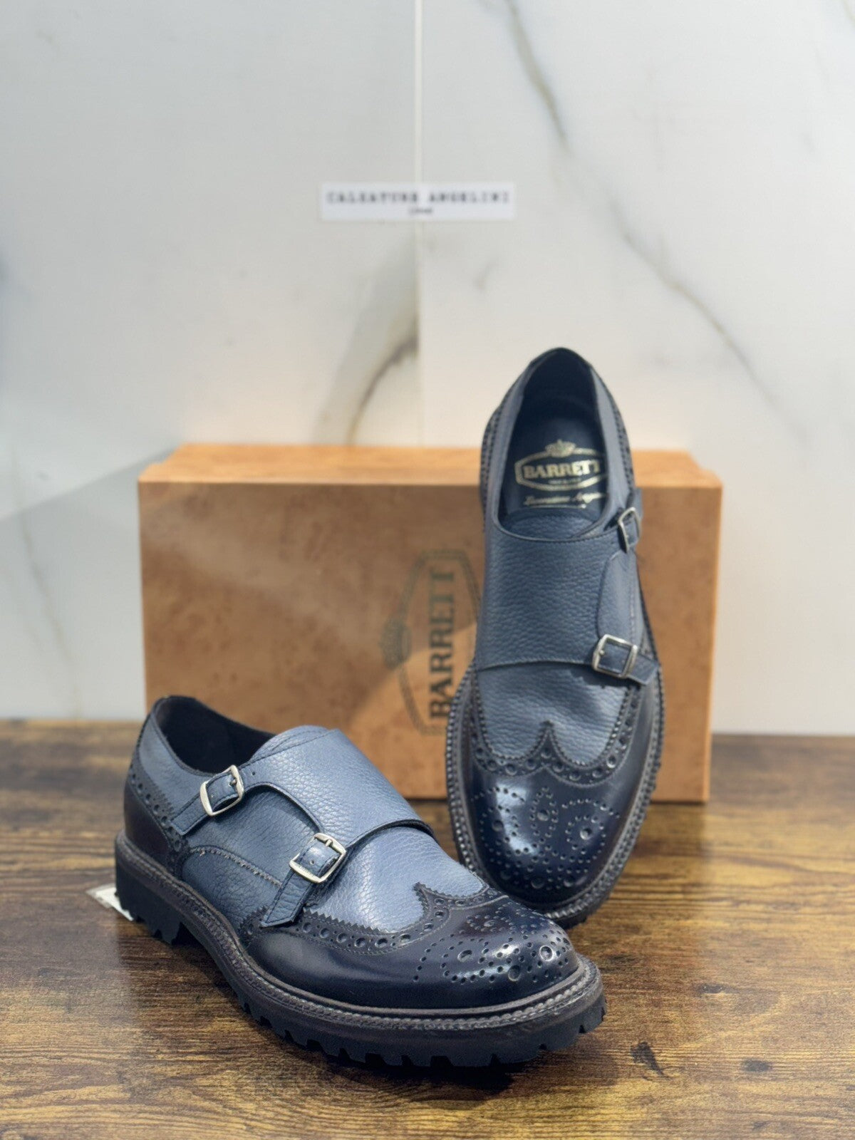 Barrett Doppia Fibbia Uomo Pelle Blu Fondo Vibram Luxury Barrett Men Shoes 40