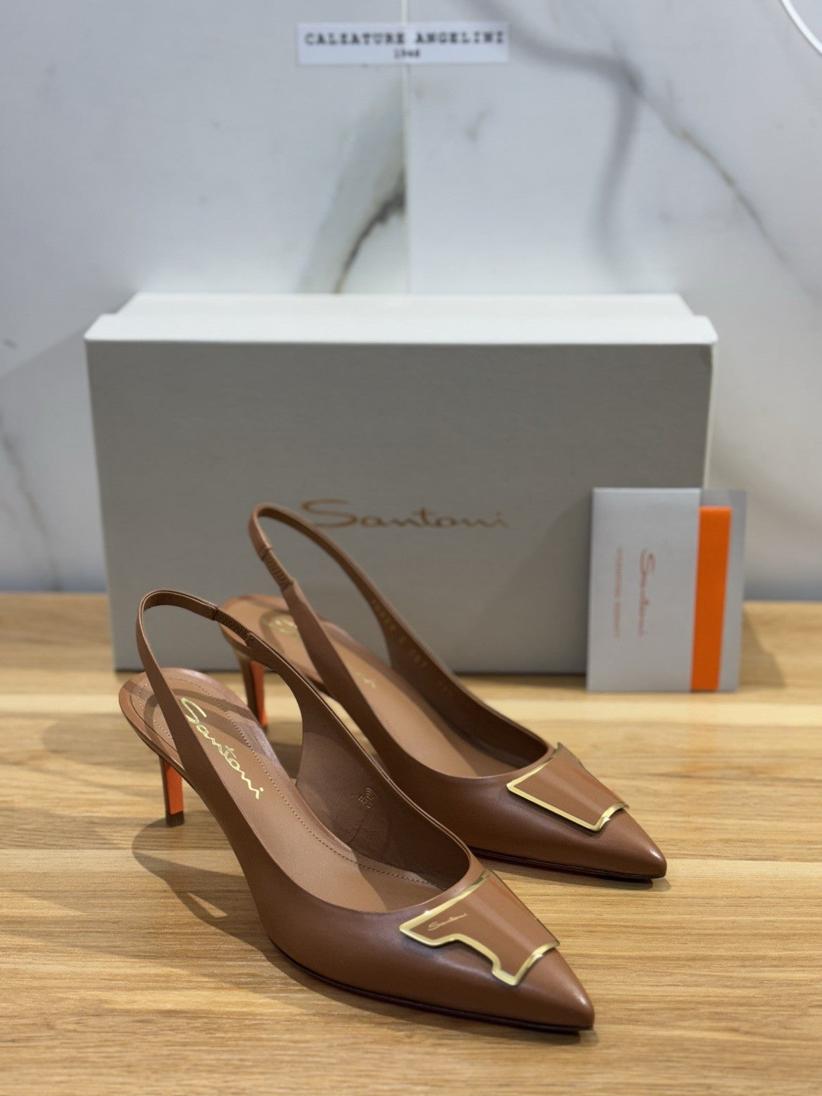 Santoni Sling Back Pelle Cuoio Con Tacco Luxury Santoni Sandalo Donna 37.5
