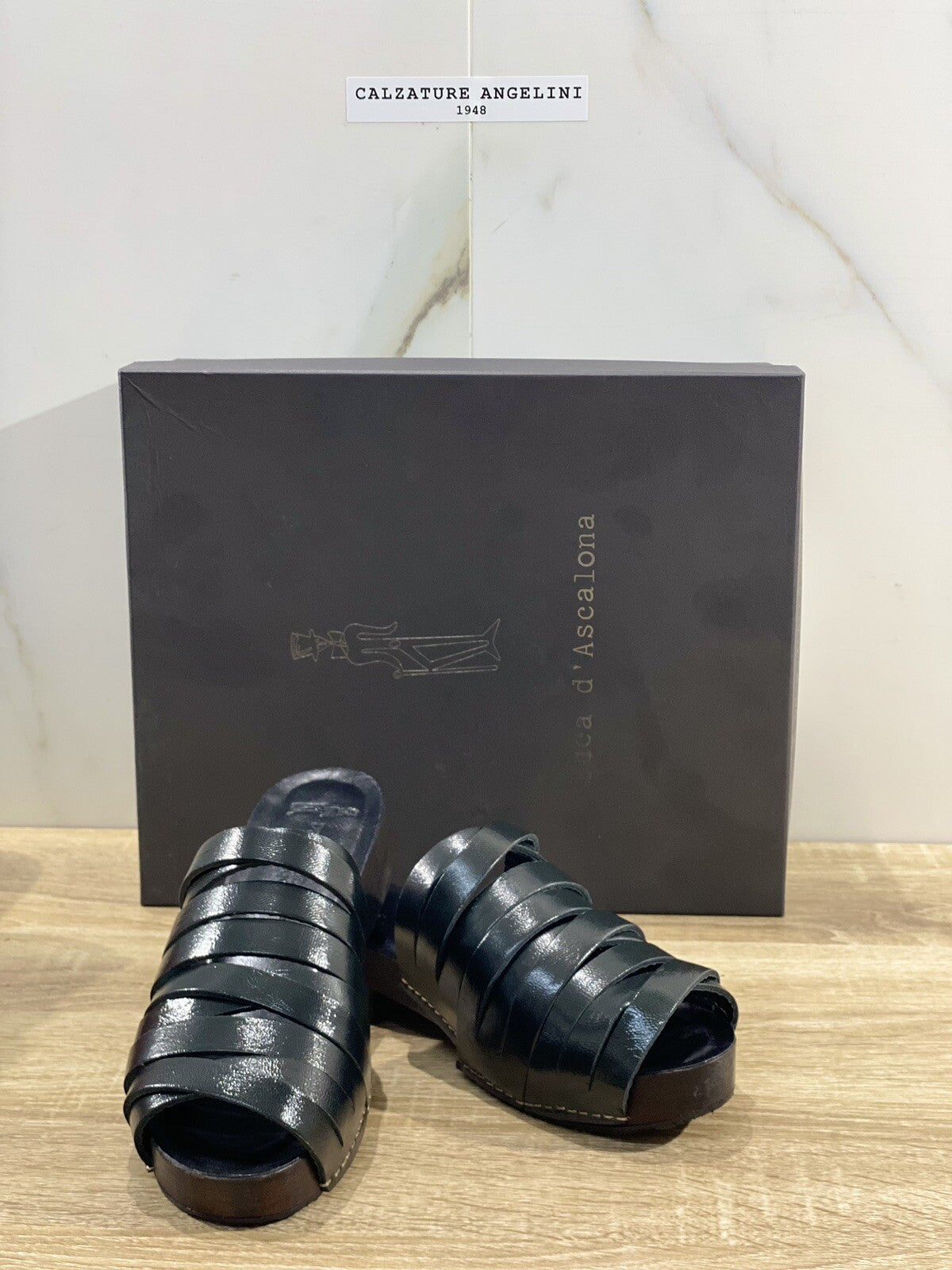 Duca D’ascalona Zoccolo Nanette Donna Fatto A Mano Vero Legno Pelle Nero 39