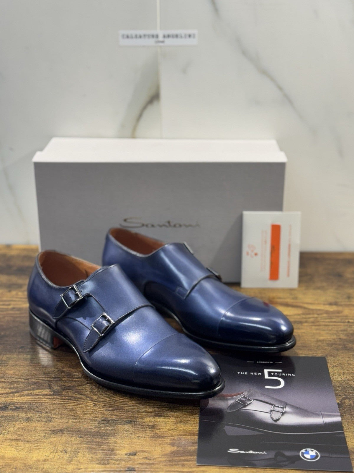 Santoni Doppia Fibbia Pelle Blu Goodyear Luxury Tribute BMW Serie 5 Uomo 42.5