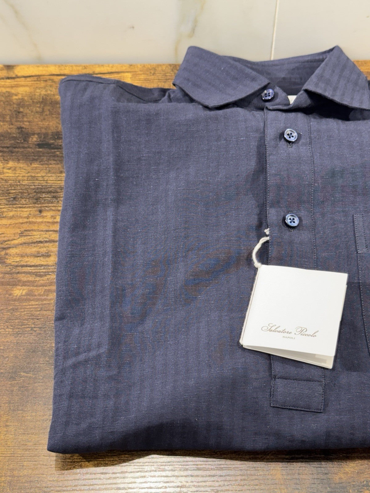 Salvatore Piccolo Napoli Polo Camicia Blu Top Italian Quality Misto Lino Uomo L