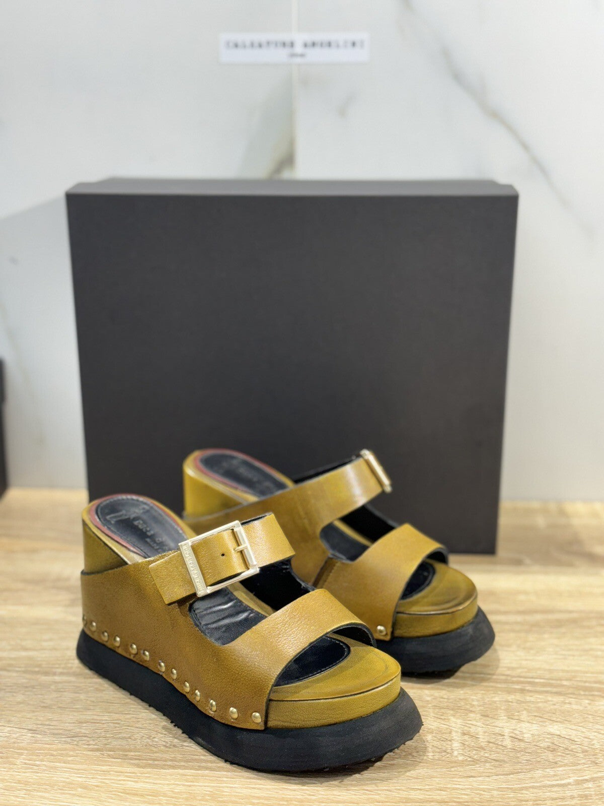 Duca D’ascalona Sandalo Zeppa Lord Donna Fatto A Mano Pelle Senape 36