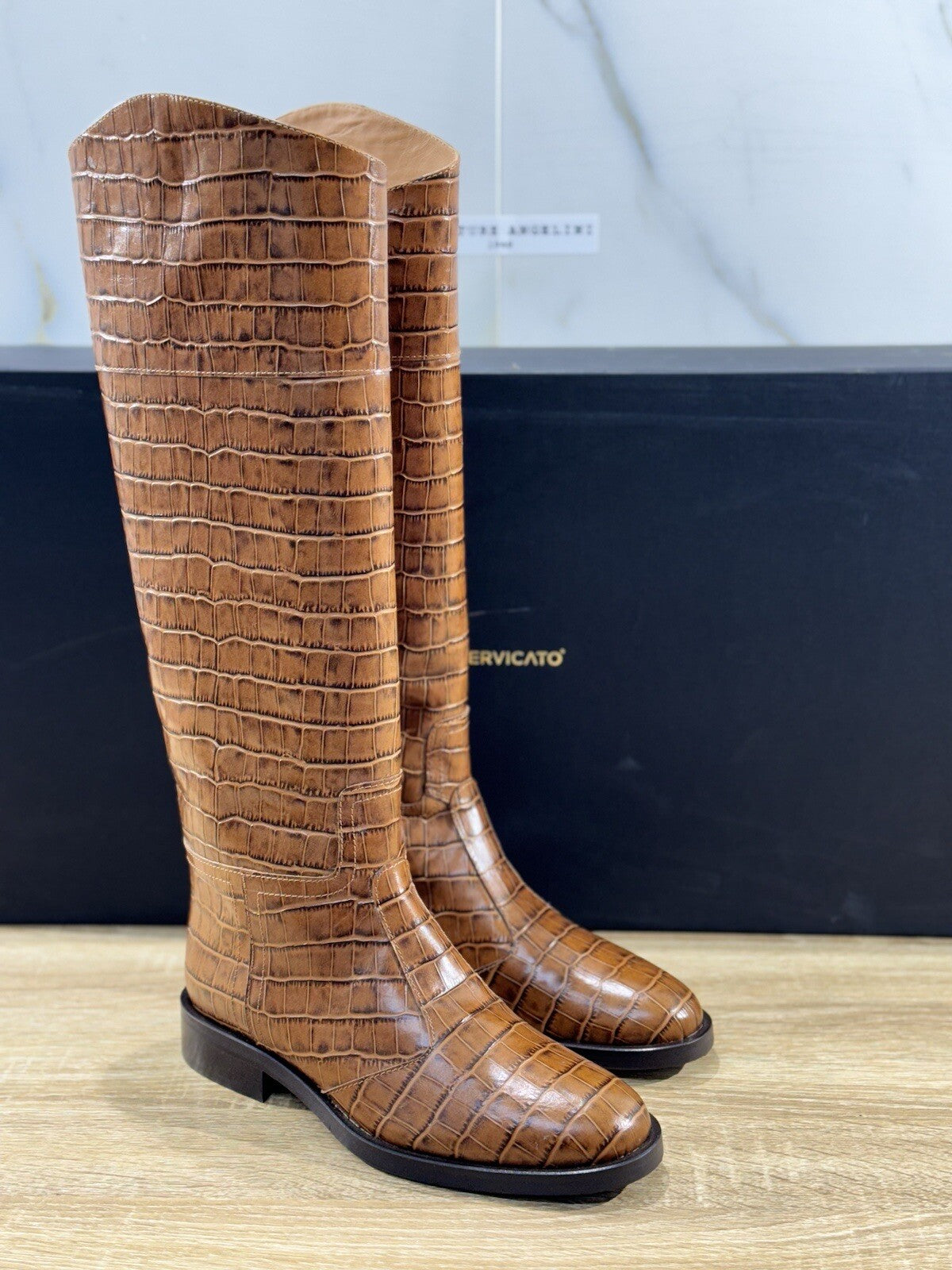 Angelo Bervicato Stivale Donna Tubo Pelle Stampa Cocco Cuoio Handmade 40