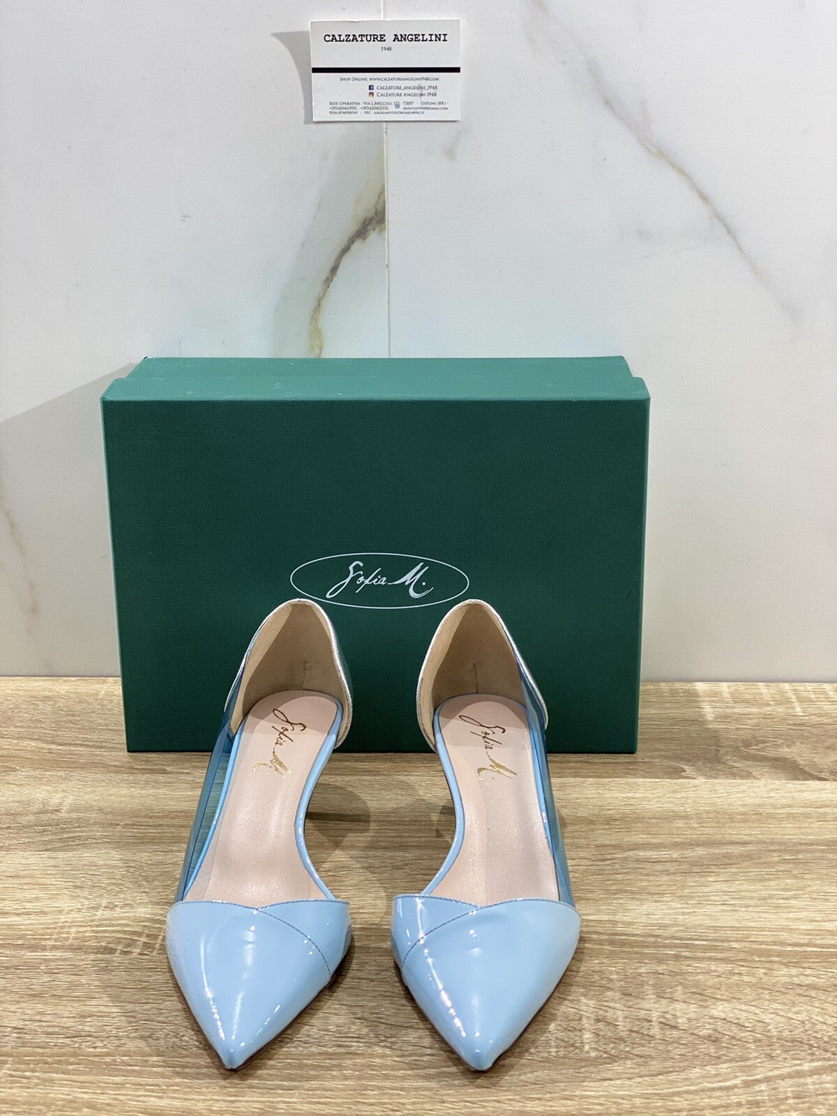 Sofia M. Decolte’ donna perla 105 vernice Azzurra luxury woman shoe 39