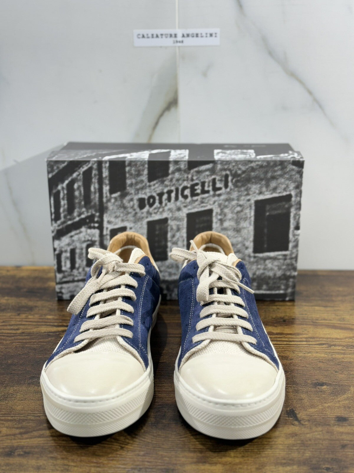 Roberto Botticelli Sneaker Uomo Pelle Suede Blu Beige Gomma Made In Italy 45