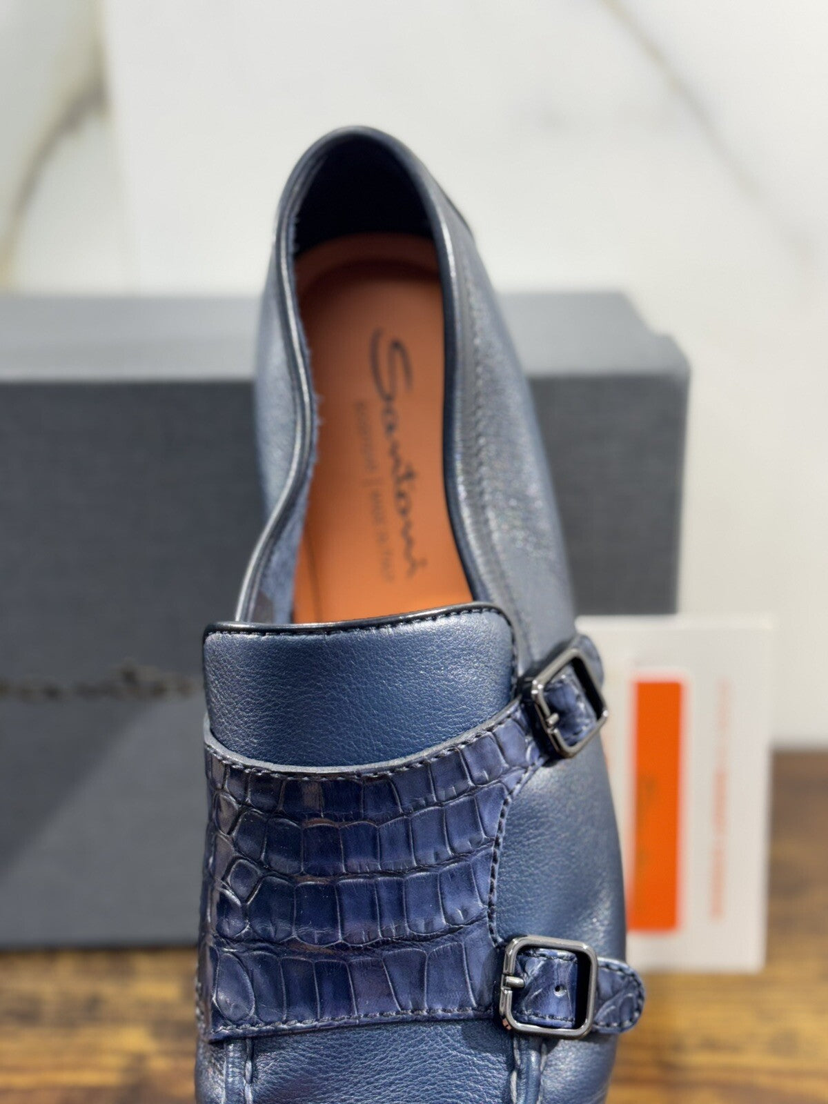Santoni Scarpa Uomo Limited Edition Alligatore Double Buckle Goodyear Blu 43