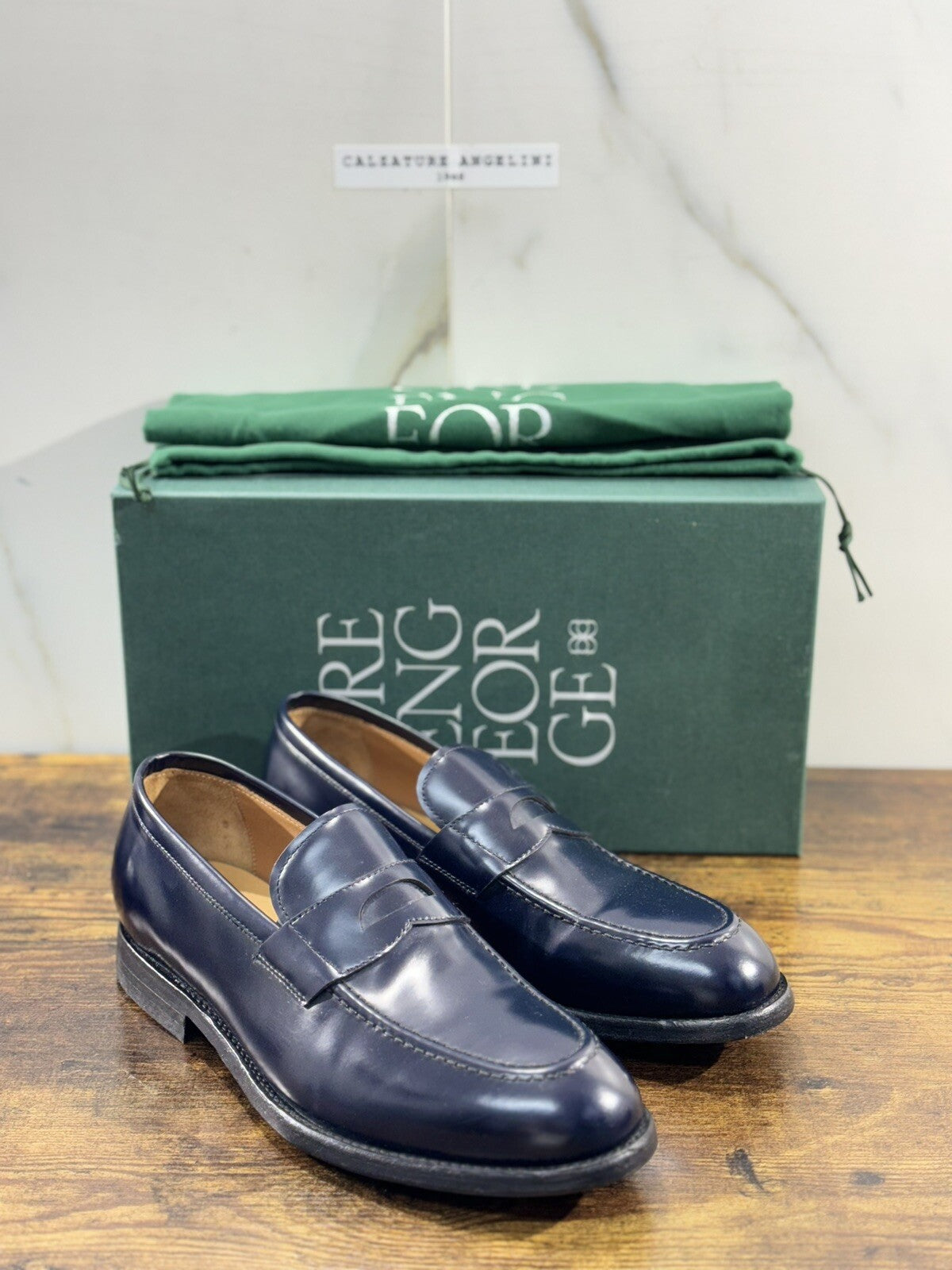 Green George Scarpa Uomo Mocassino Pelle Blu Luxury Handmade 42
