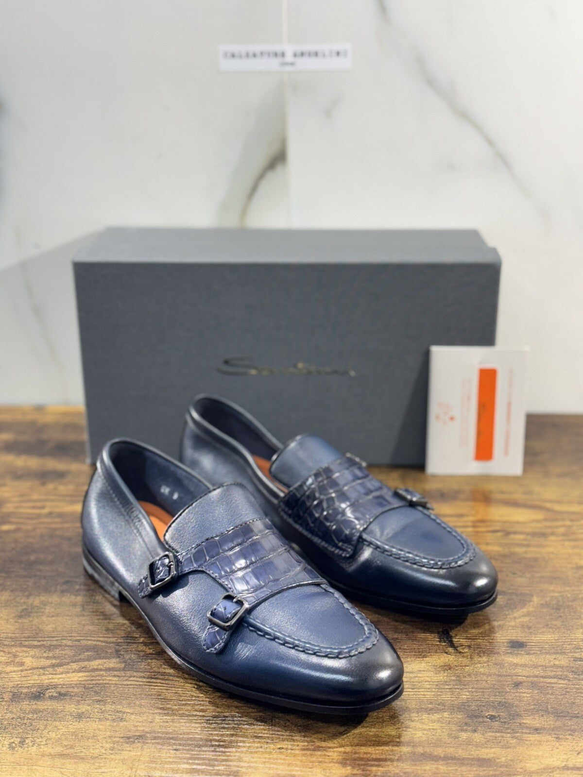 Santoni Scarpa Uomo Limited Edition Alligatore Double Buckle Goodyear Blu 43