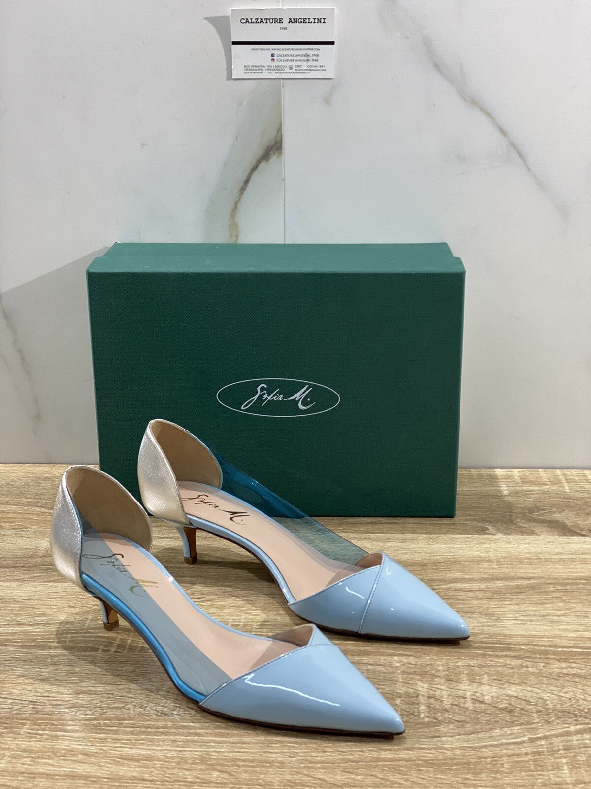 Sofia M. Decolte’ donna perla 105 vernice Azzurra luxury woman shoe 39