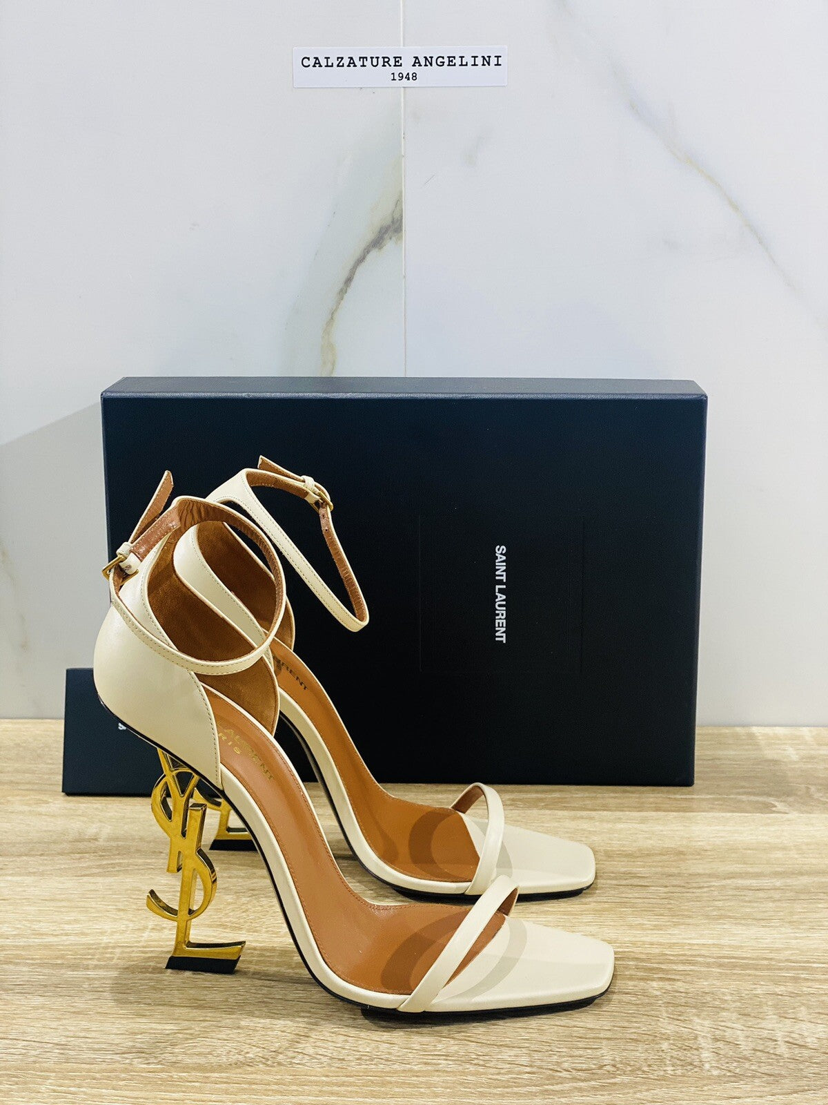 Saint Laurent Sandali Opyum In Pelle Real Beige Donna Tacco Logo Gold Luxury 40