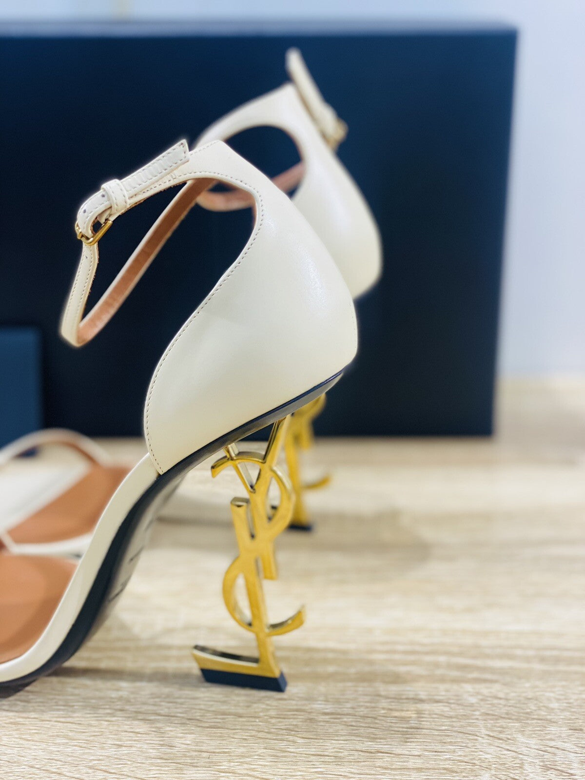 Saint Laurent Sandali Opyum In Pelle Real Beige Donna Tacco Logo Gold Luxury 40