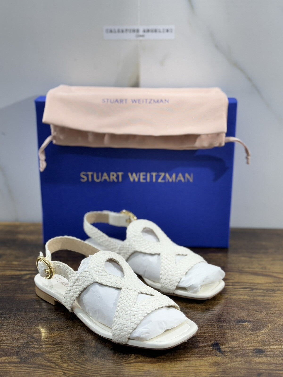 stuart weitzman Wovette Flat Sandal Pelle Bianca Luxury Woman Shoes 36.5