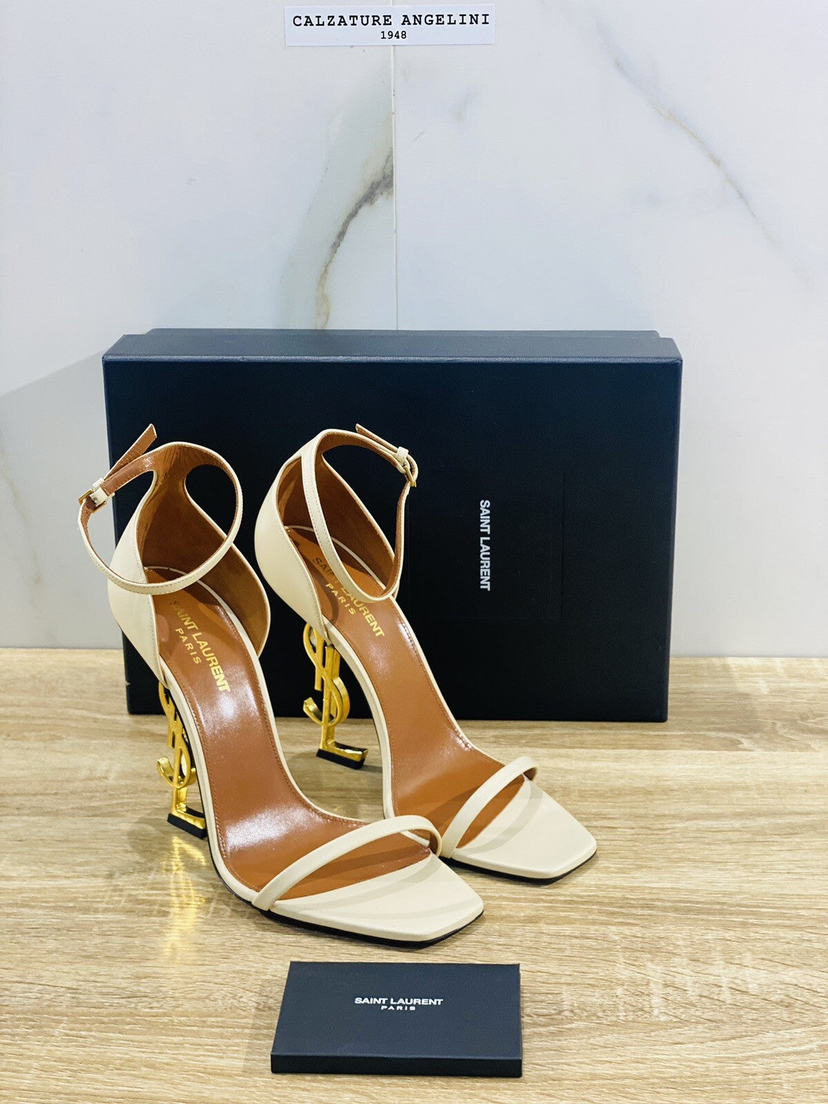 Saint Laurent Sandali Opyum In Pelle Real Beige Donna Tacco Logo Gold Luxury 40