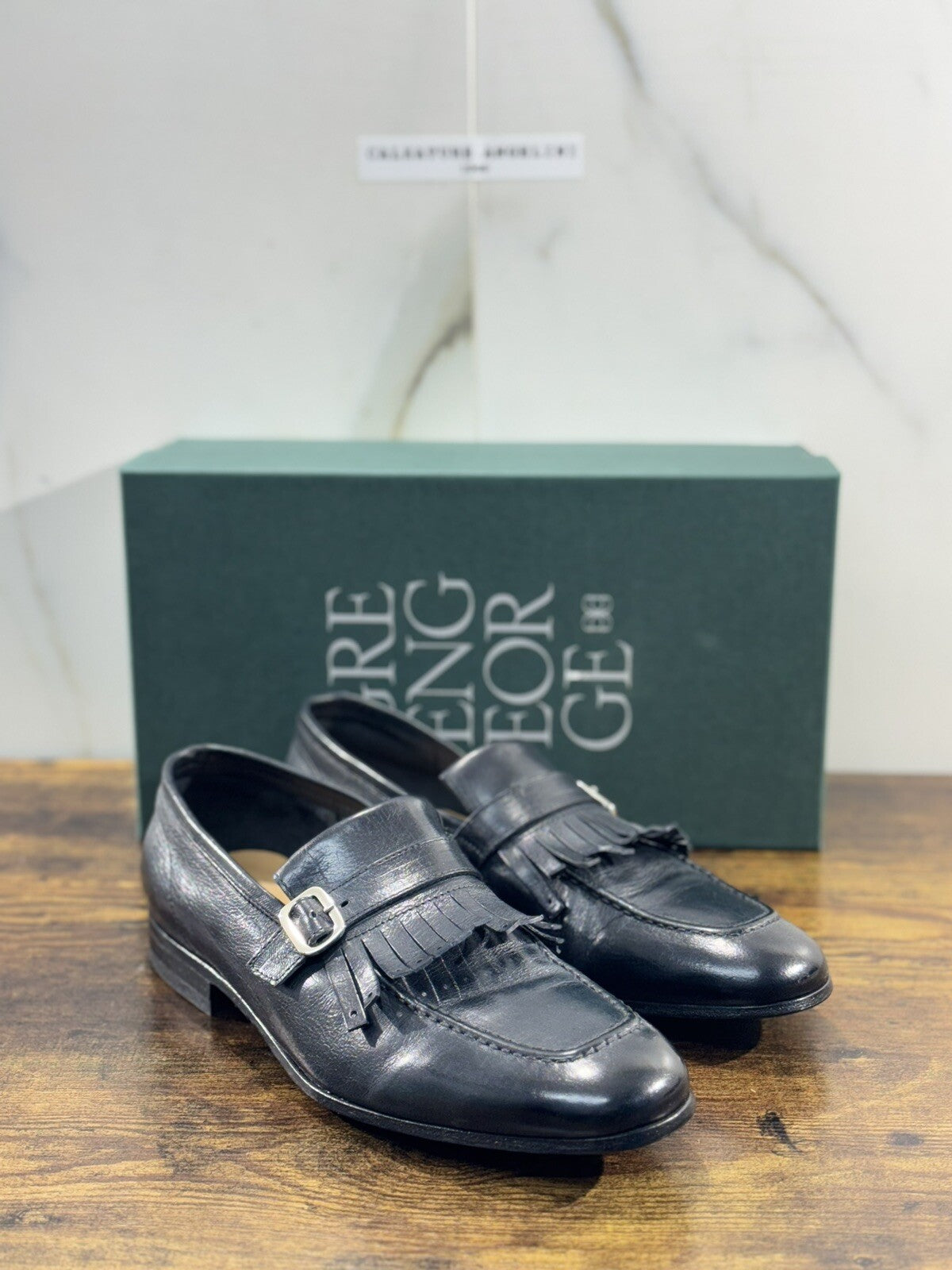 Green George Scarpa Uomo Mocassino Pelle Blu Luxury Handmade 41.5