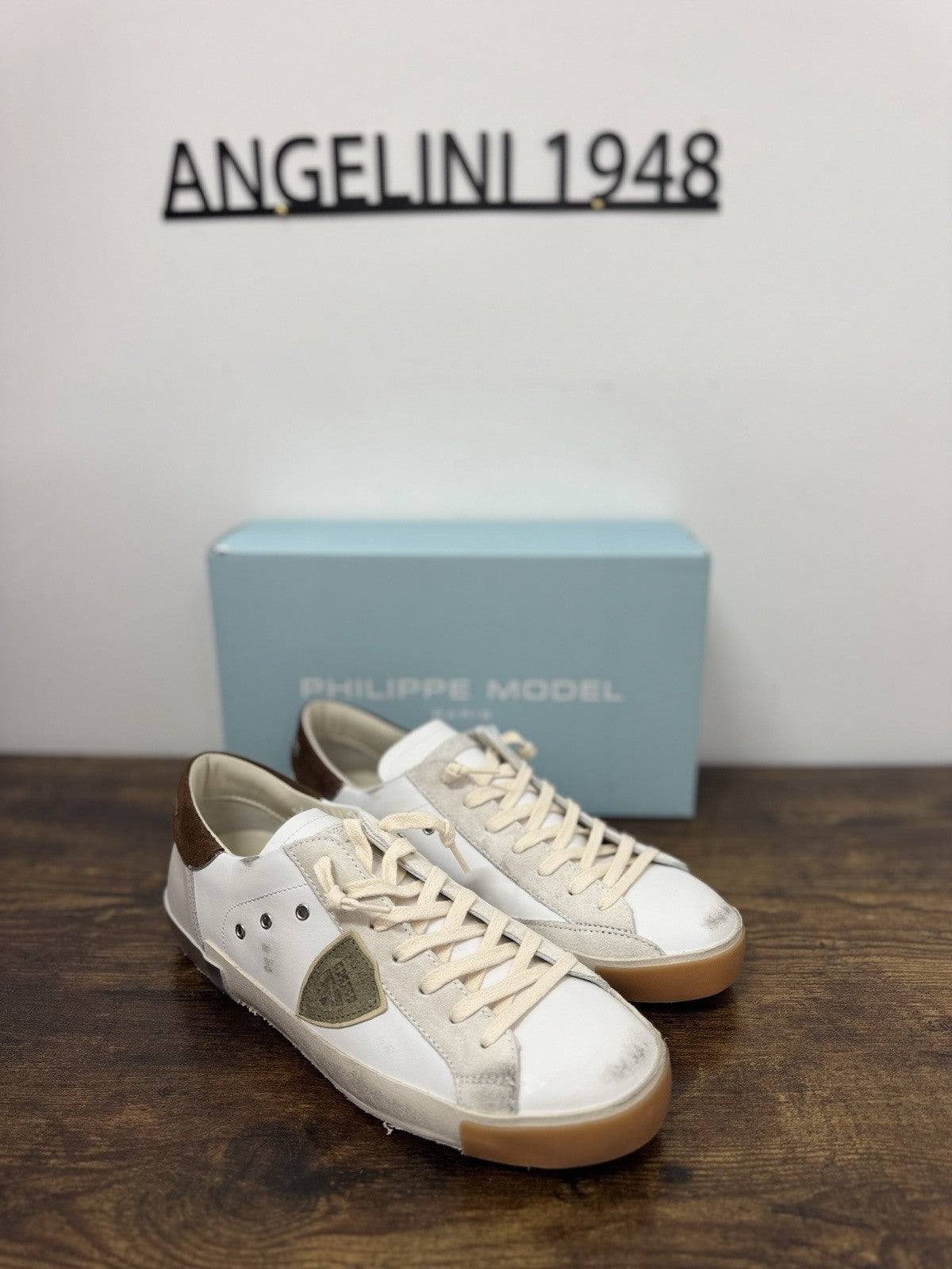 Philippe Model Paris Low Pelle Latte Olive Casual Sneaker Uomo 43