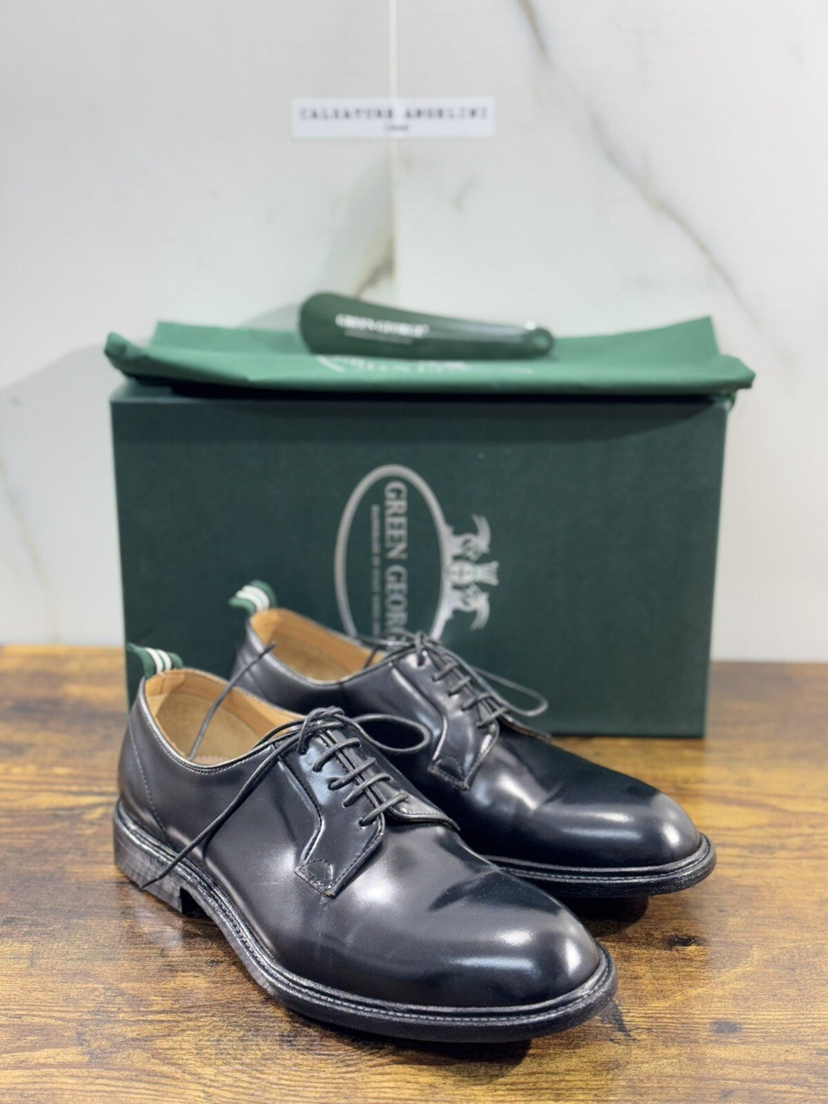 Green George derby nero in pelle polished luxury men Fondo Cuoio 40.5