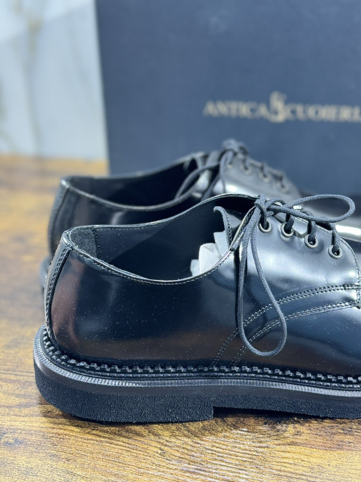 Antica Cuoieria Derby Uomo Pelle Nera Fondo Gomma Causal Men Shoe 45