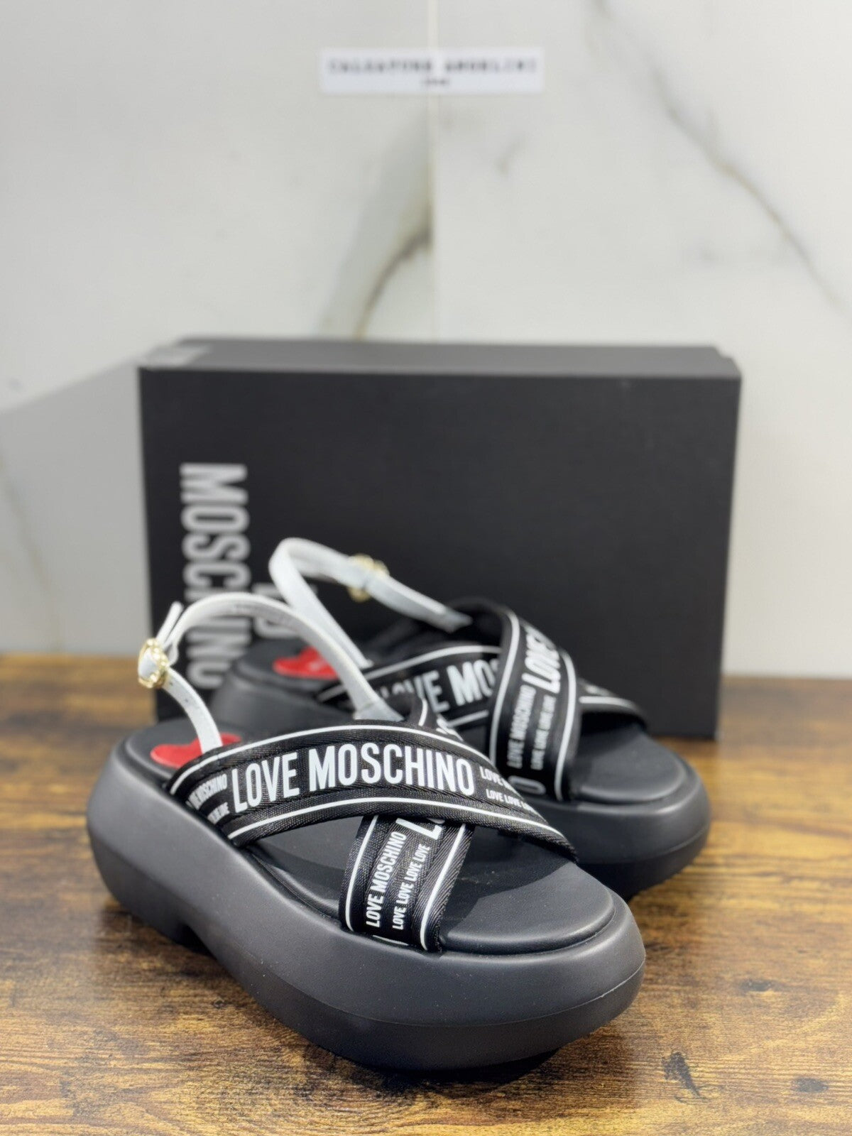 Love Moschino Sandalo Zeppa Pelle Nero Bianco Casual Moschino Sandal 37