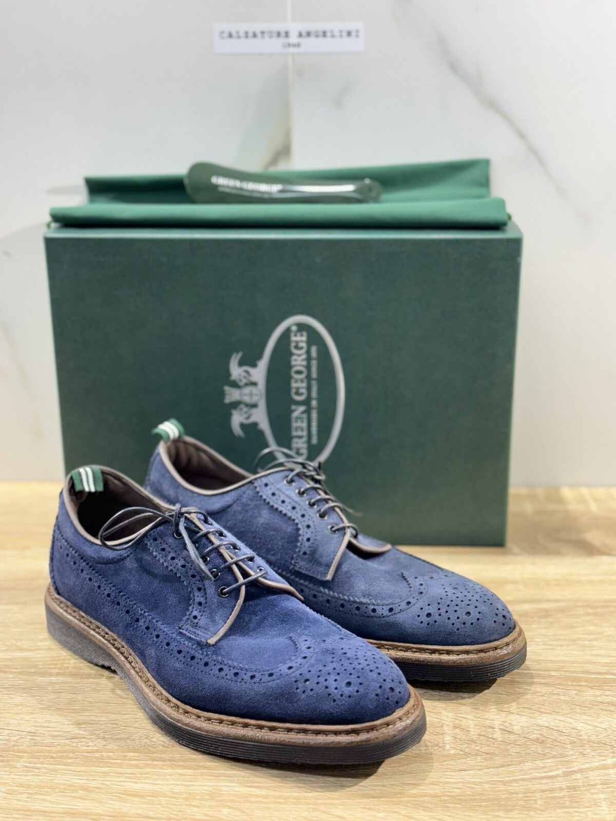 Green George Stringata Uomo Suede Blu Luxury Handmade Men Extra Light 40.5