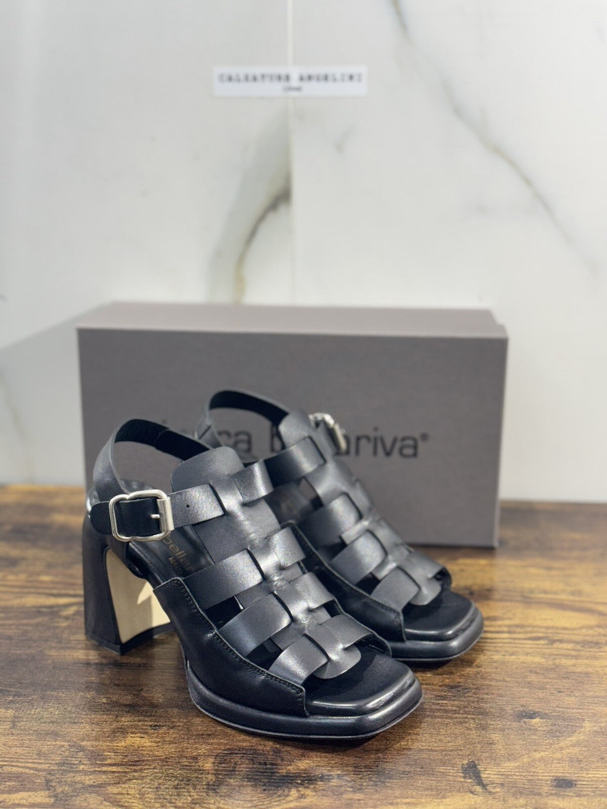 Laura Bellariva Sandalo Donna In Pelle Nera Con Tacco Made In Italy 39