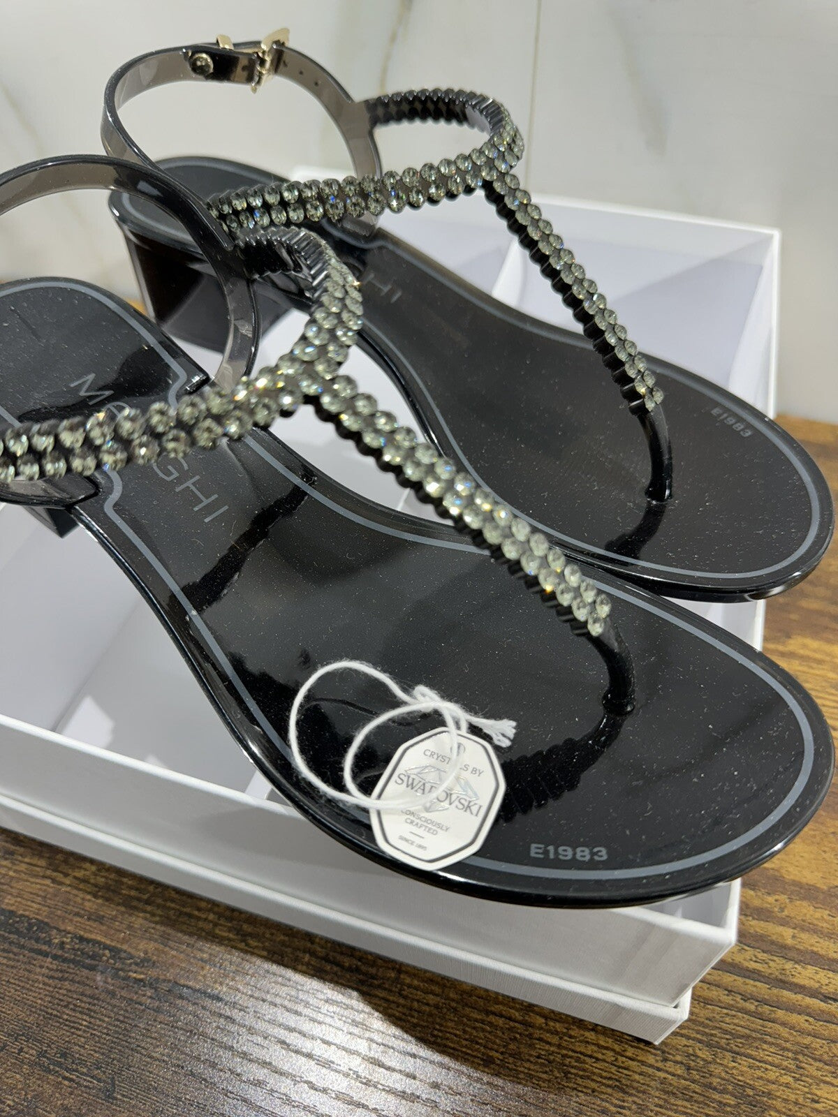 Menghi Sandalo Donna Real Swarovski Nero Con Tacco Luxury Sandal 36