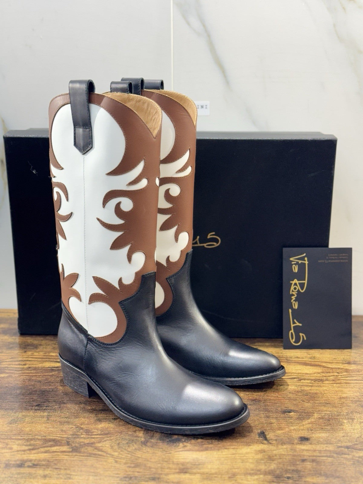 Via Roma 15 Texano Pelle Nero Noce Casual Texan Boot Donna 39
