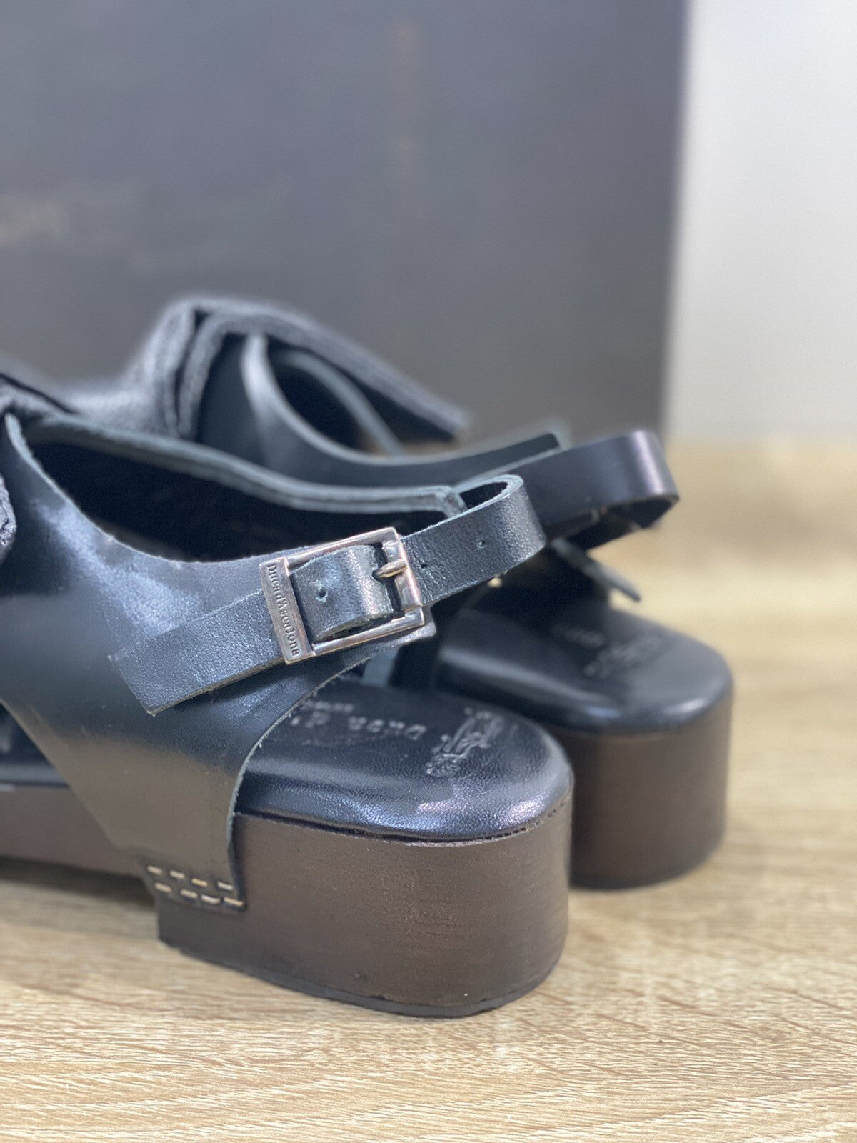 Duca D’ascalona Sandalo donna Nat fatto a mano Vero Legno Pelle Nera 37