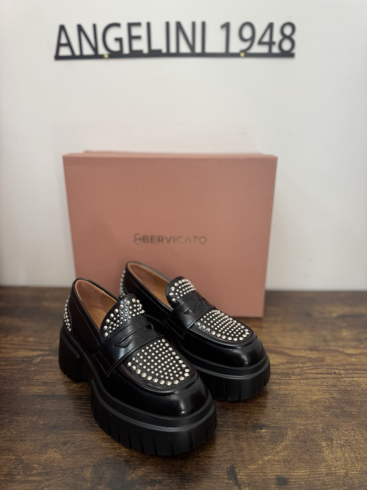 Bervicato Mocassino Pelle Nero Borchie Zeppa Extra Light Casual Donna 36.5