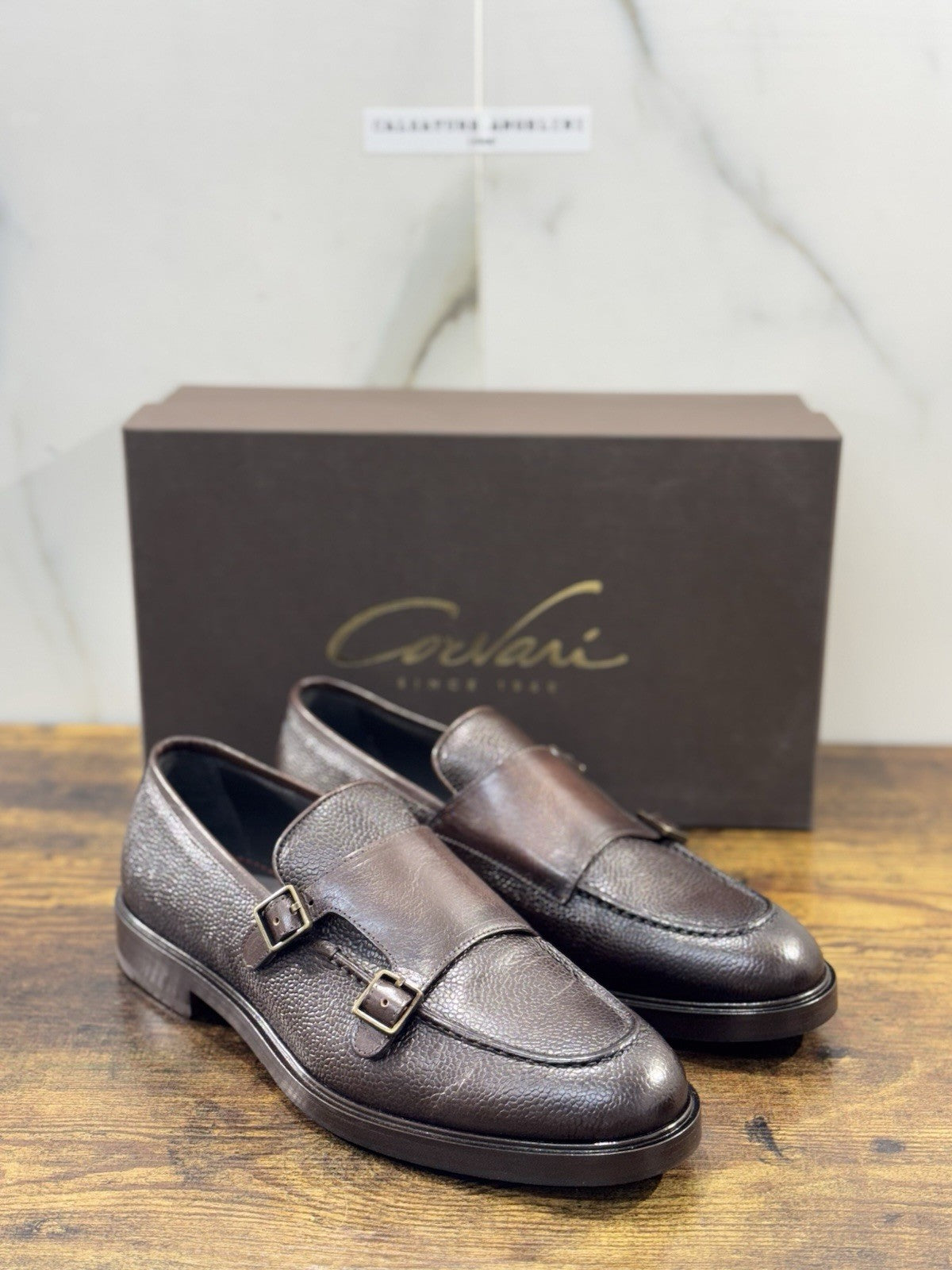 Corvari Scarpa Uomo Doppia Fibbia Pelle Ebano Luxury Men Shoes 40