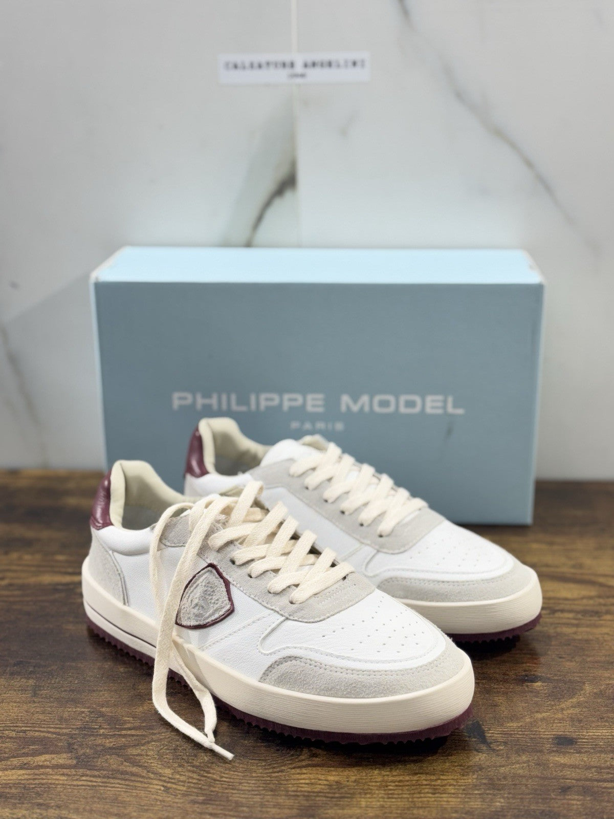Philippe Model Nice Low Men Sneaker Uomo Pelle E Suede Bianca Bordo’ 40
