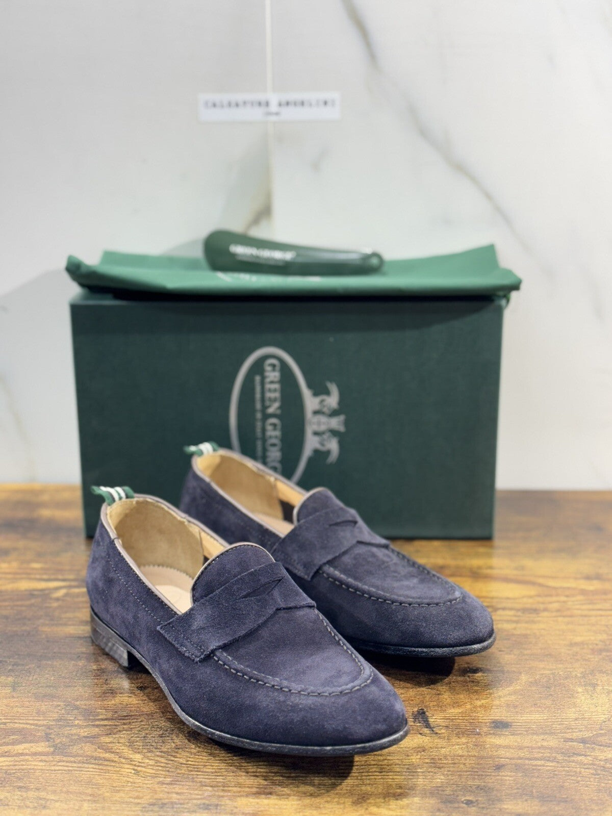 Green George Mocassino Uomo Suede Blu Luxury Handmade Men 42.5