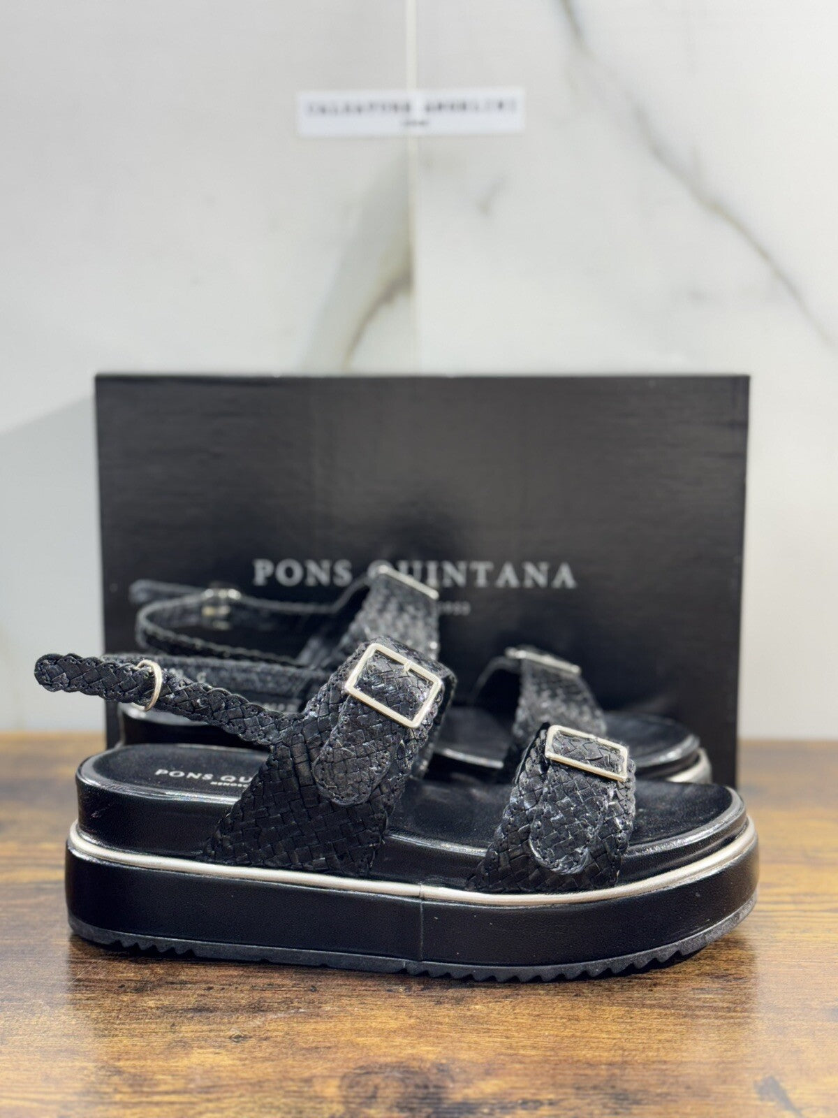 Pons Quintana Sandalo Donna Maika Pelle Nero Handmade Zeppa 40