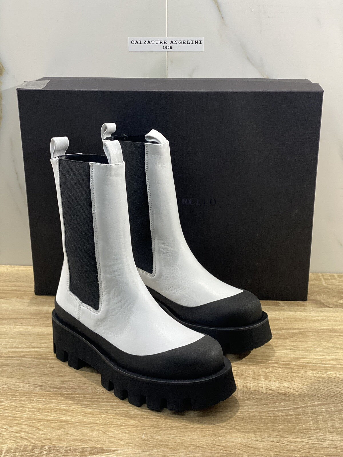 paloma BARCELO stivaletto donna charlotte pelle bianco nero combat boot 37