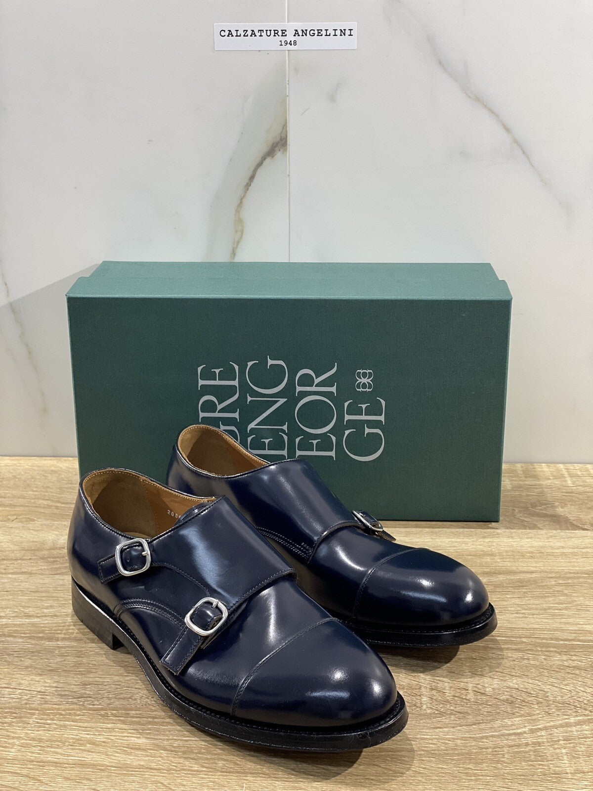 Green George double Buckle Blu in pelle Polished luxury men Fondo Cuoio 42