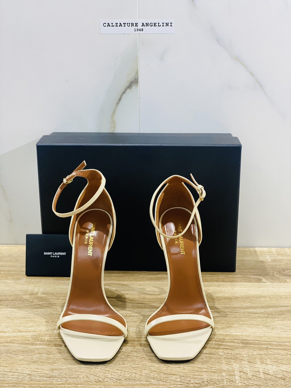 Saint Laurent Sandali Opyum In Pelle Real Beige Donna Tacco Logo Gold Luxury 40