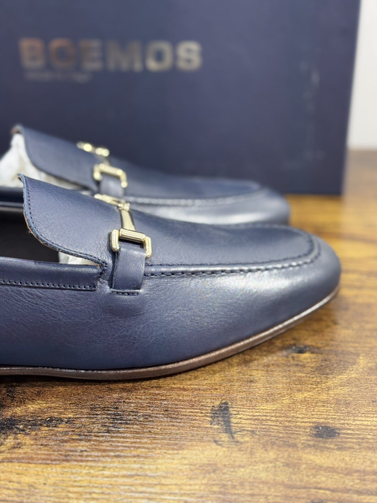Boemos Mocassino Uomo Fondo Cuoio Cucito Pelle Blu Made In Italy 43