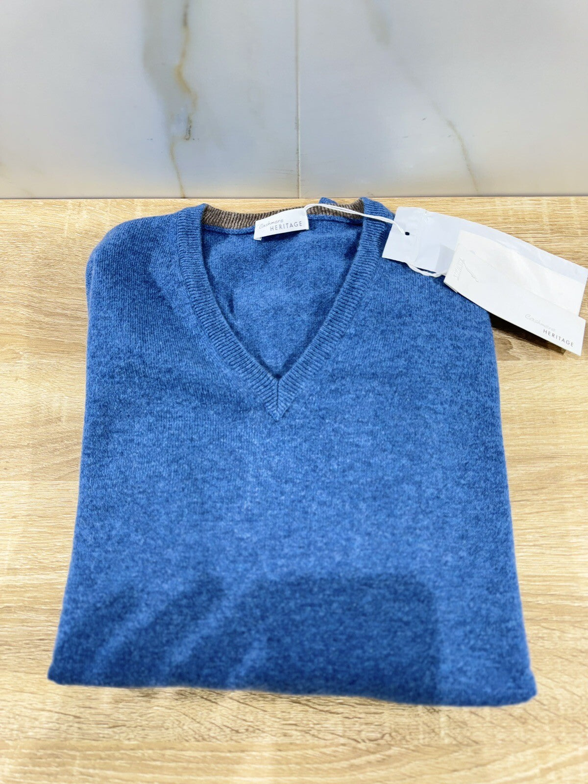 Heritage Maglia Uomo 100% Cashmere Azzurro Scollo V Made In Italy 50