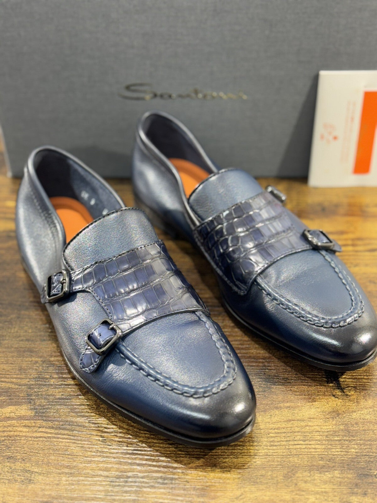 Santoni Scarpa Uomo Limited Edition Alligatore Double Buckle Goodyear Blu 43
