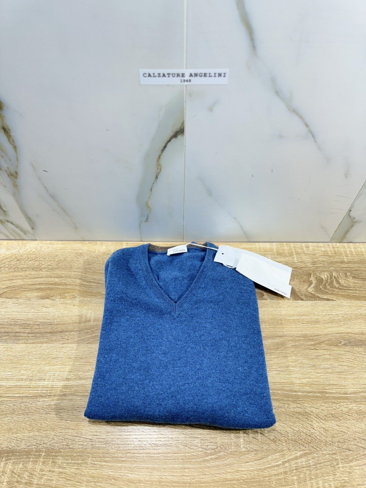Heritage Maglia Uomo 100% Cashmere Azzurro Scollo V Made In Italy 50